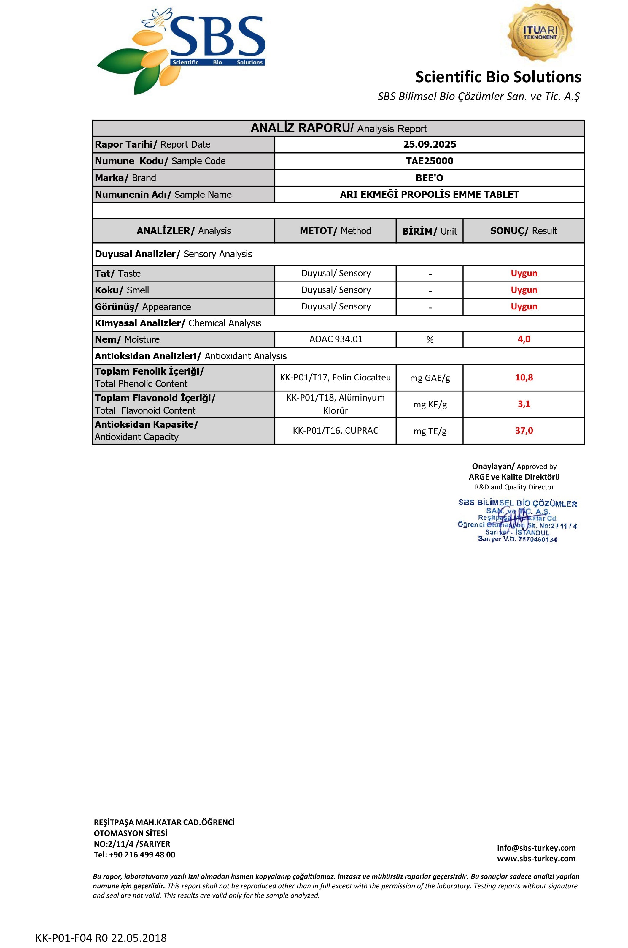 BEEO Arı Ekmeği Propolis Doğal Tablet Analizi