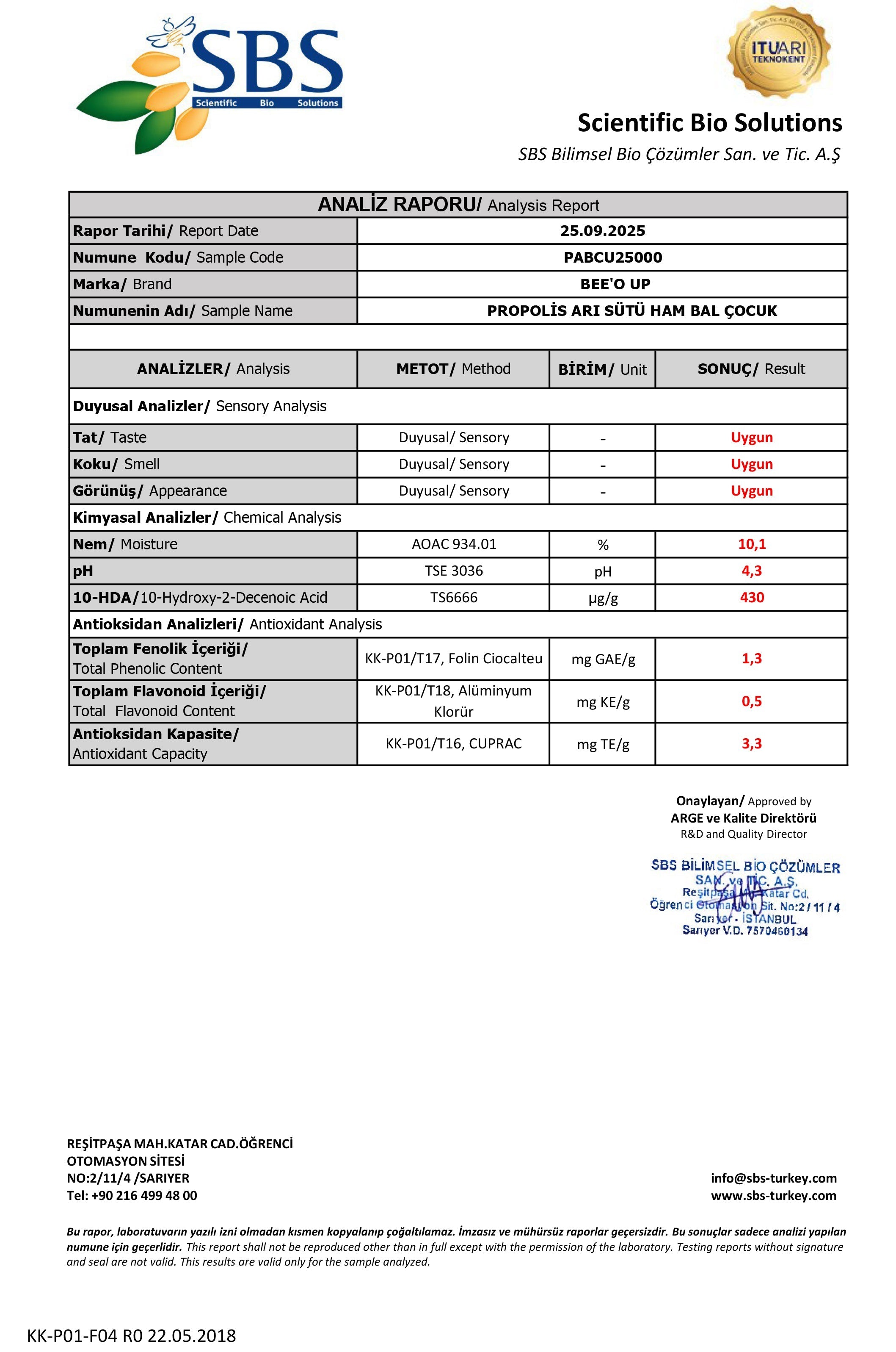 BEE'O UP Propolis Arı Sütü Ham Bal Karışımı (Çocuk) Analiz Raporu