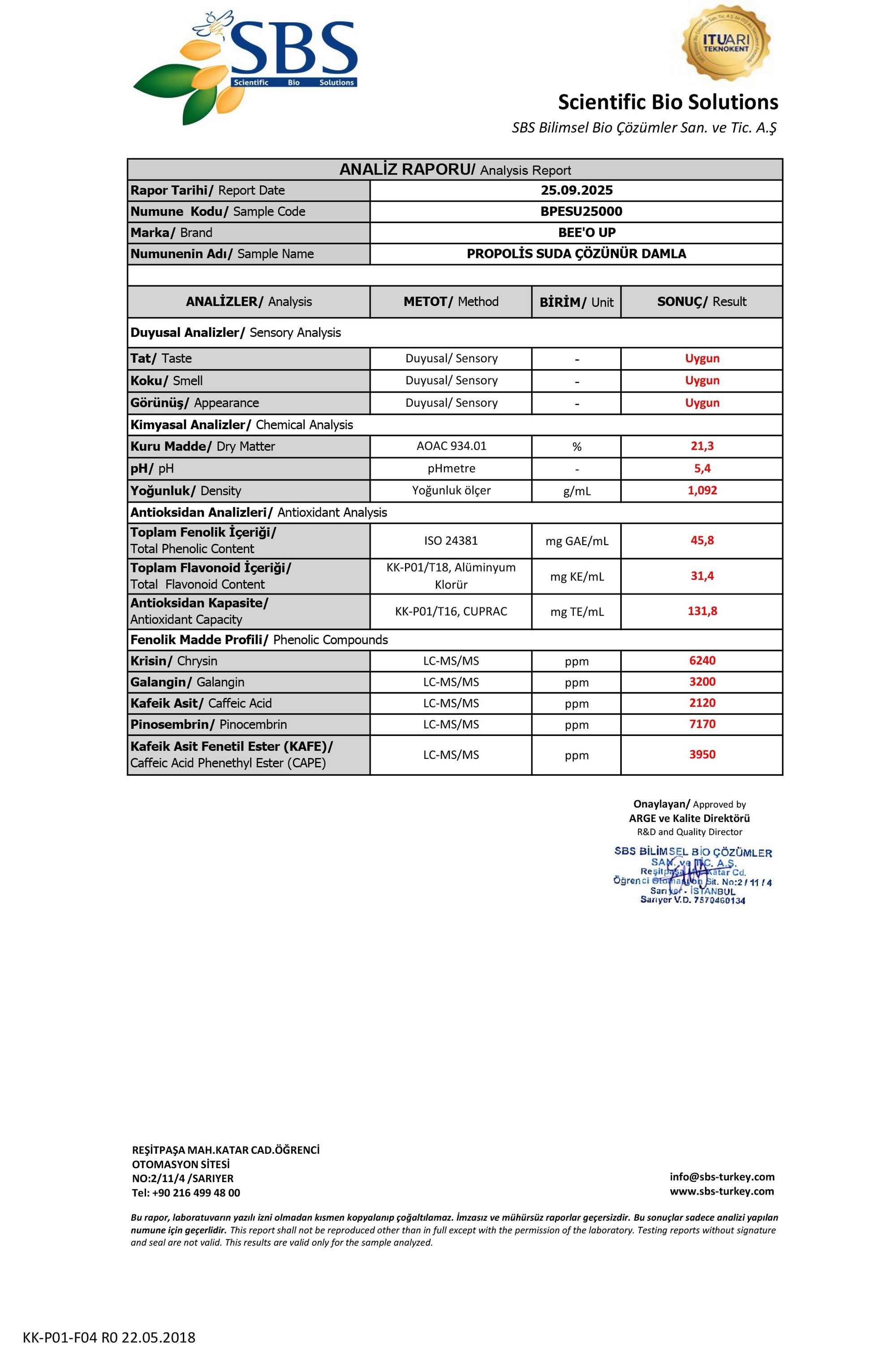 BEE'O UP Propolis Suda Çözünür Damla Analiz Raporu