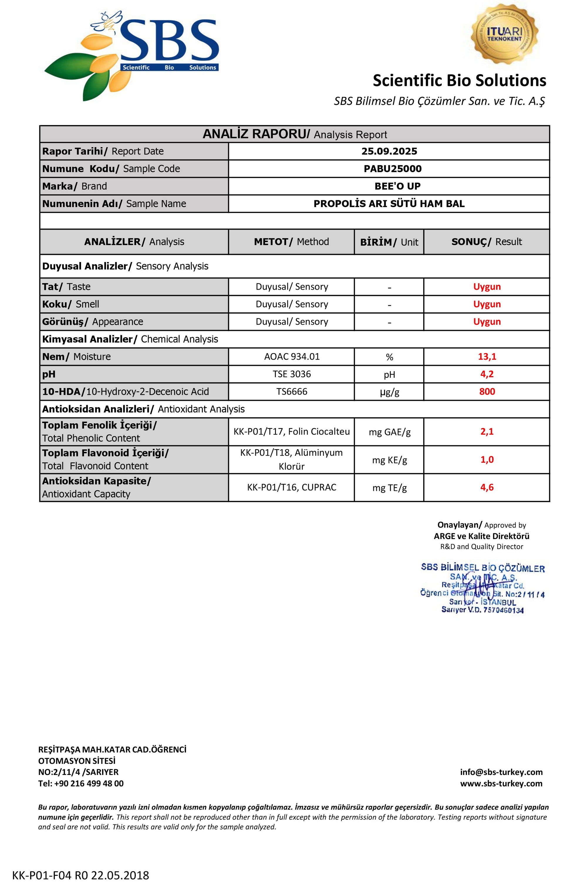 BEE'O UP Propolis Arı Sütü Ham Bal Karışımı (Yetişkin) Analiz Raporu