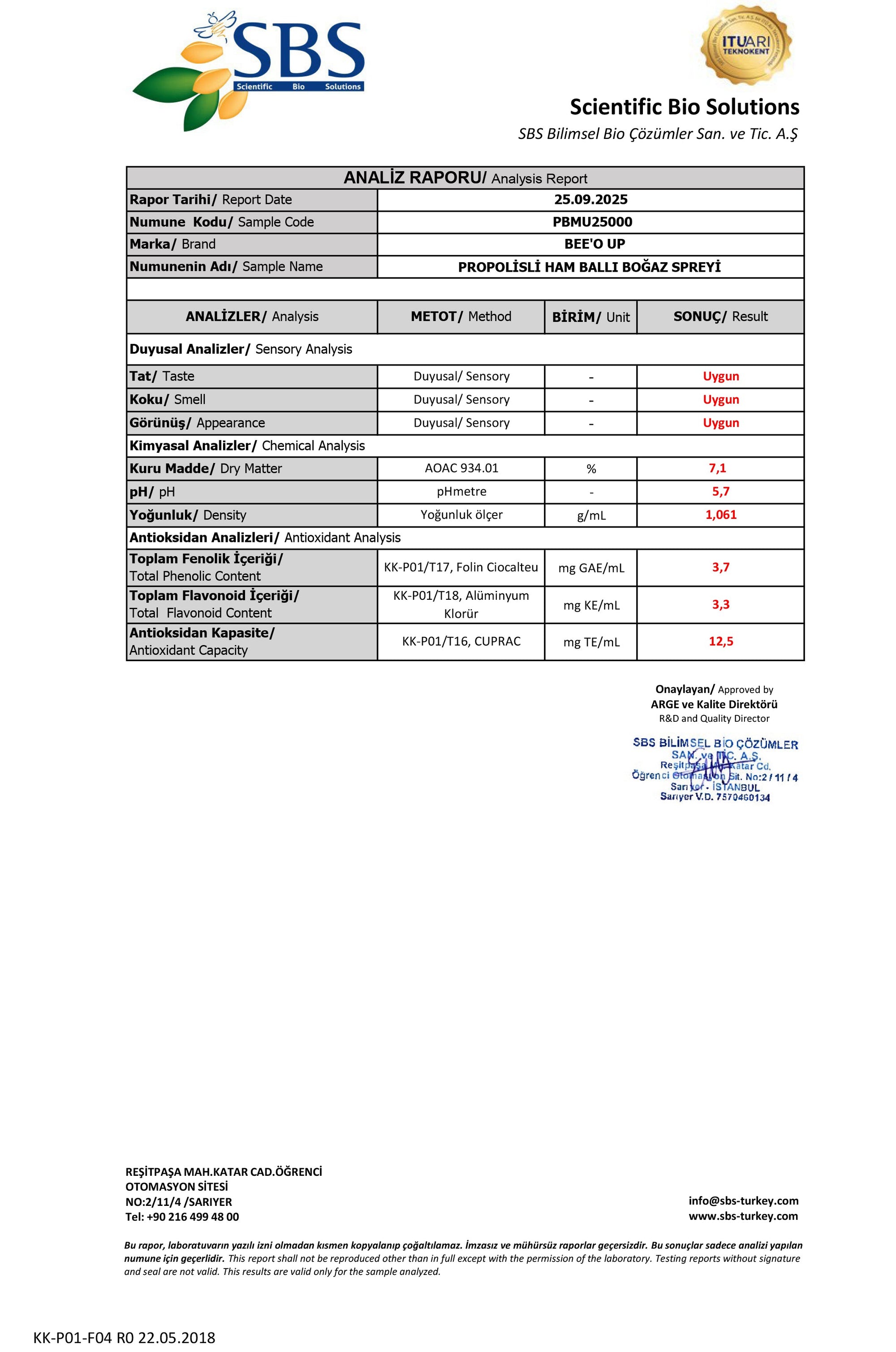 BEE'O UP Propolisli Ballı Boğaz Spreyi Analiz Raporu