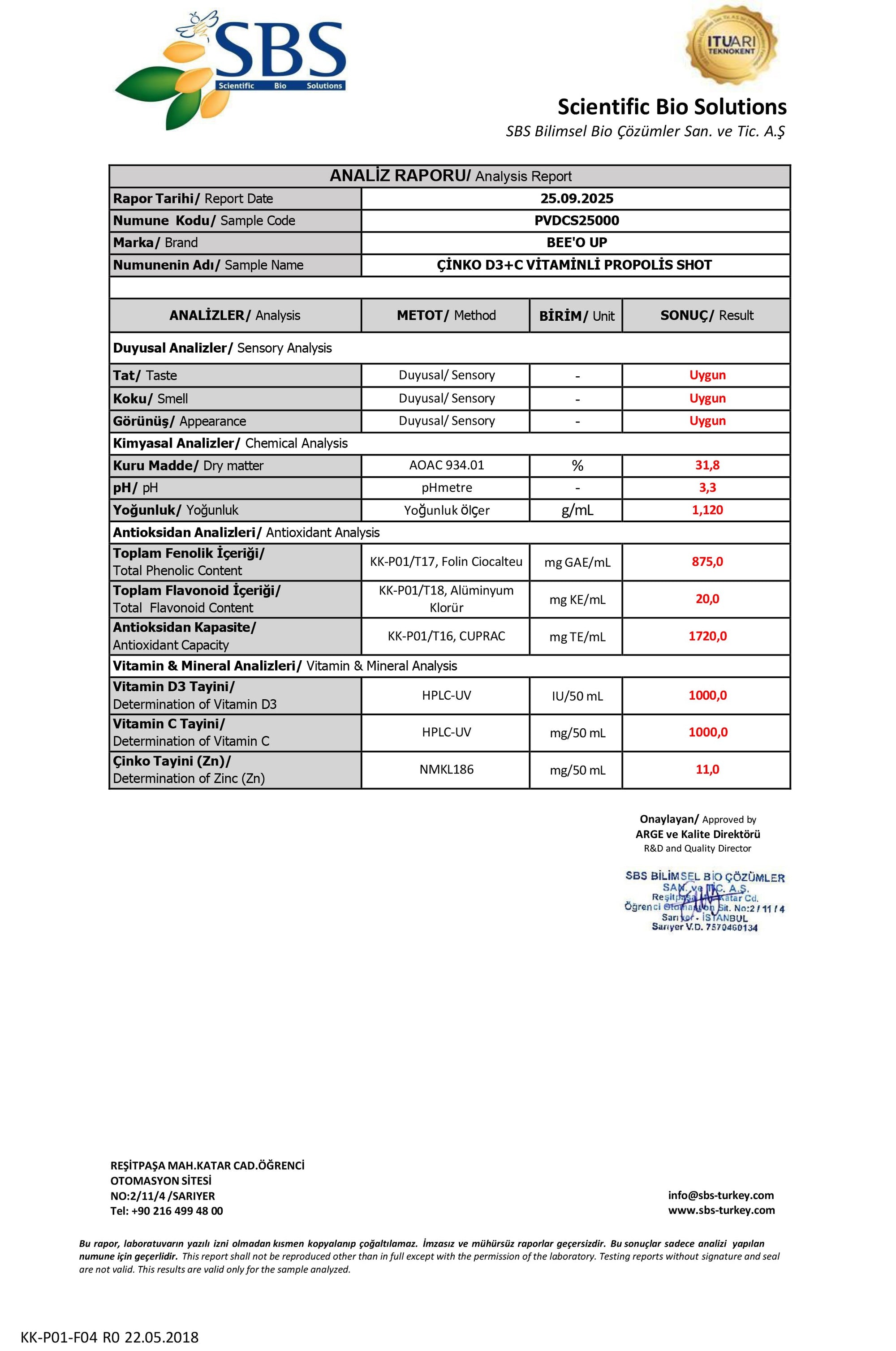 BEE'O UP Çinko D3 + C Vitaminli Propolis Shot Analiz Raporu