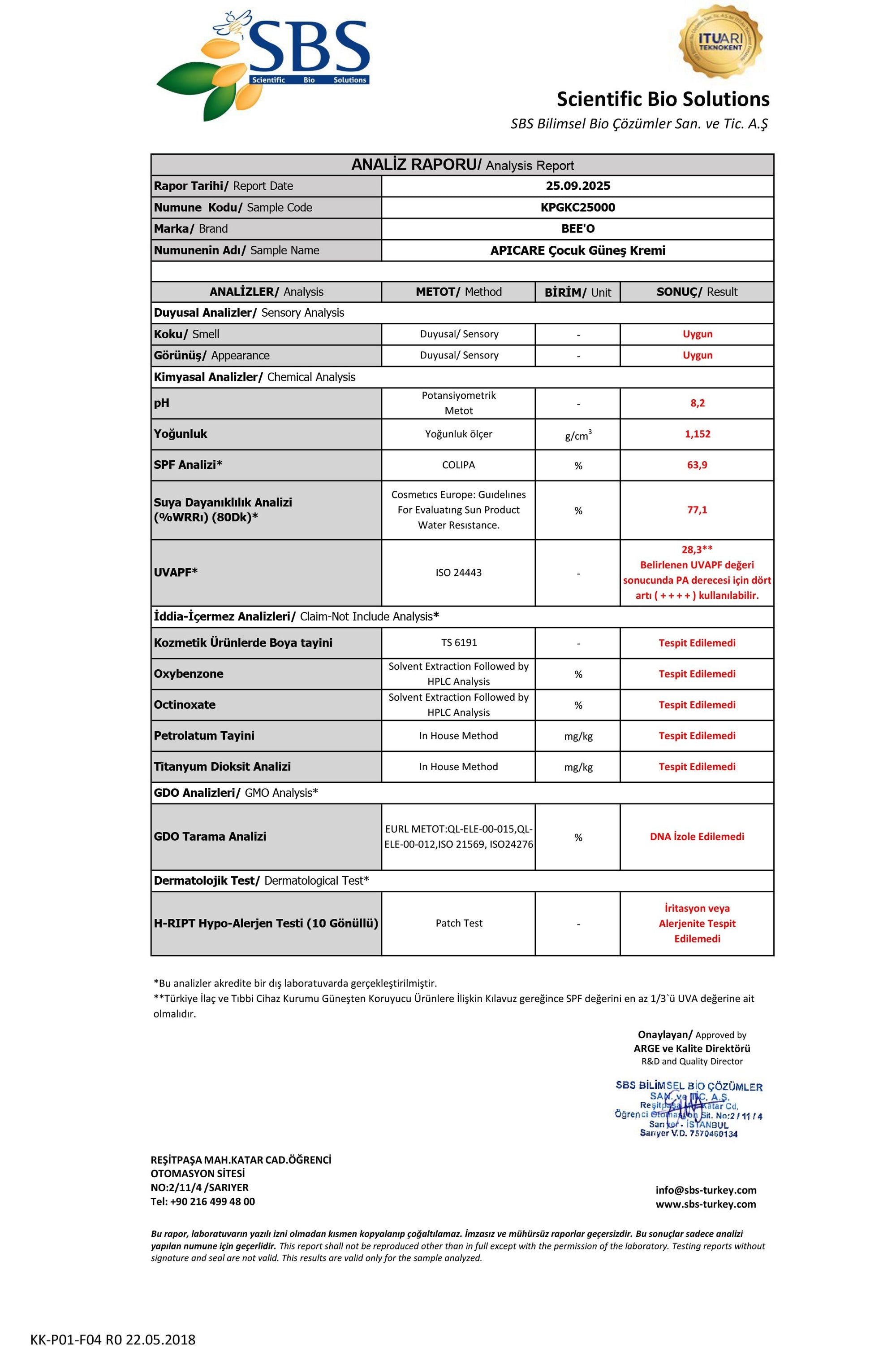 BEEO Propolisli Çocuk Güneş Kremi Analizi