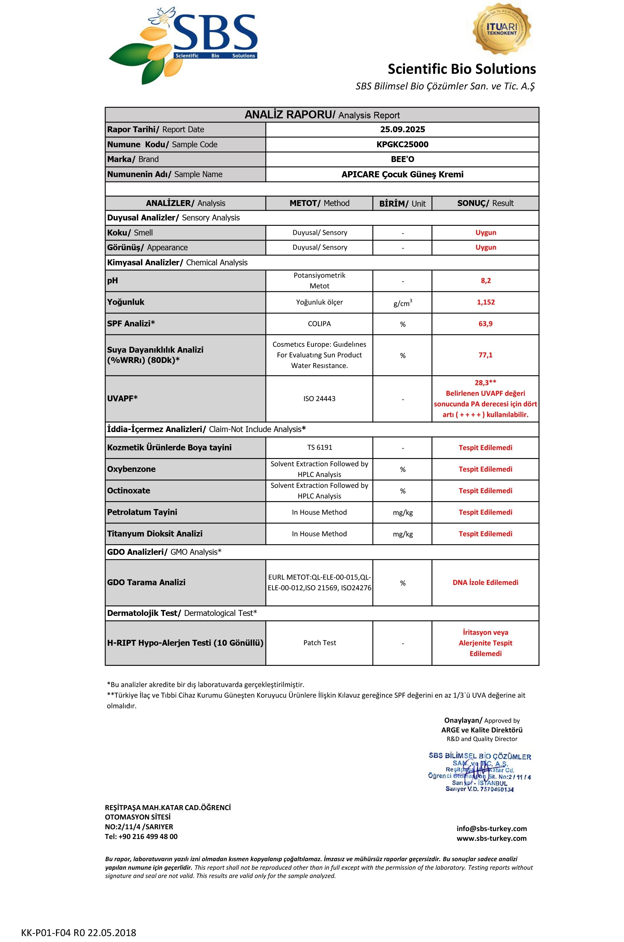 BEEO Propolisli Çocuk Güneş Kremi Analizi