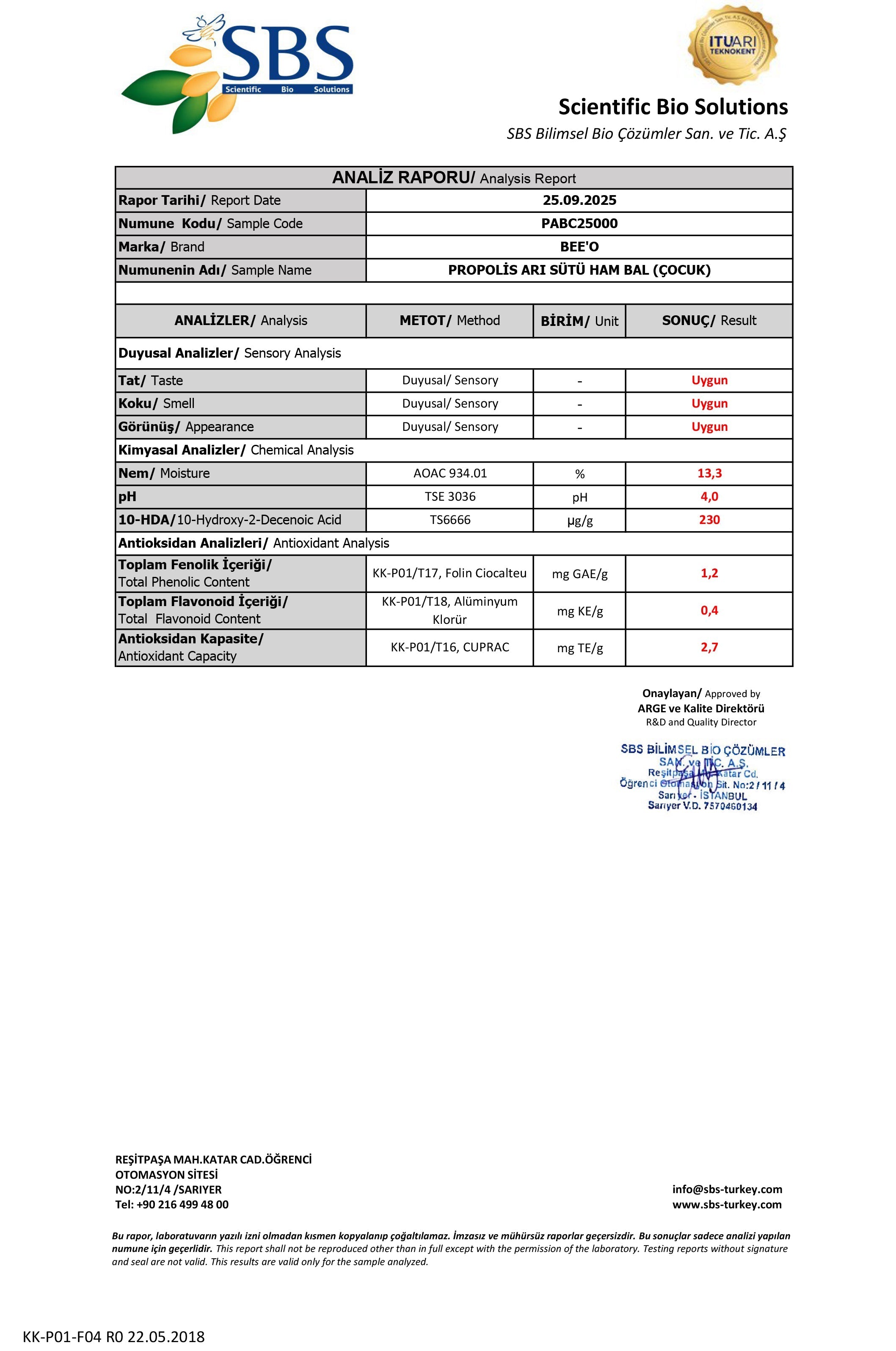 BEEO Arı Sütlü Ham Ballı Propolis Macunu (Çocuk) Analizi