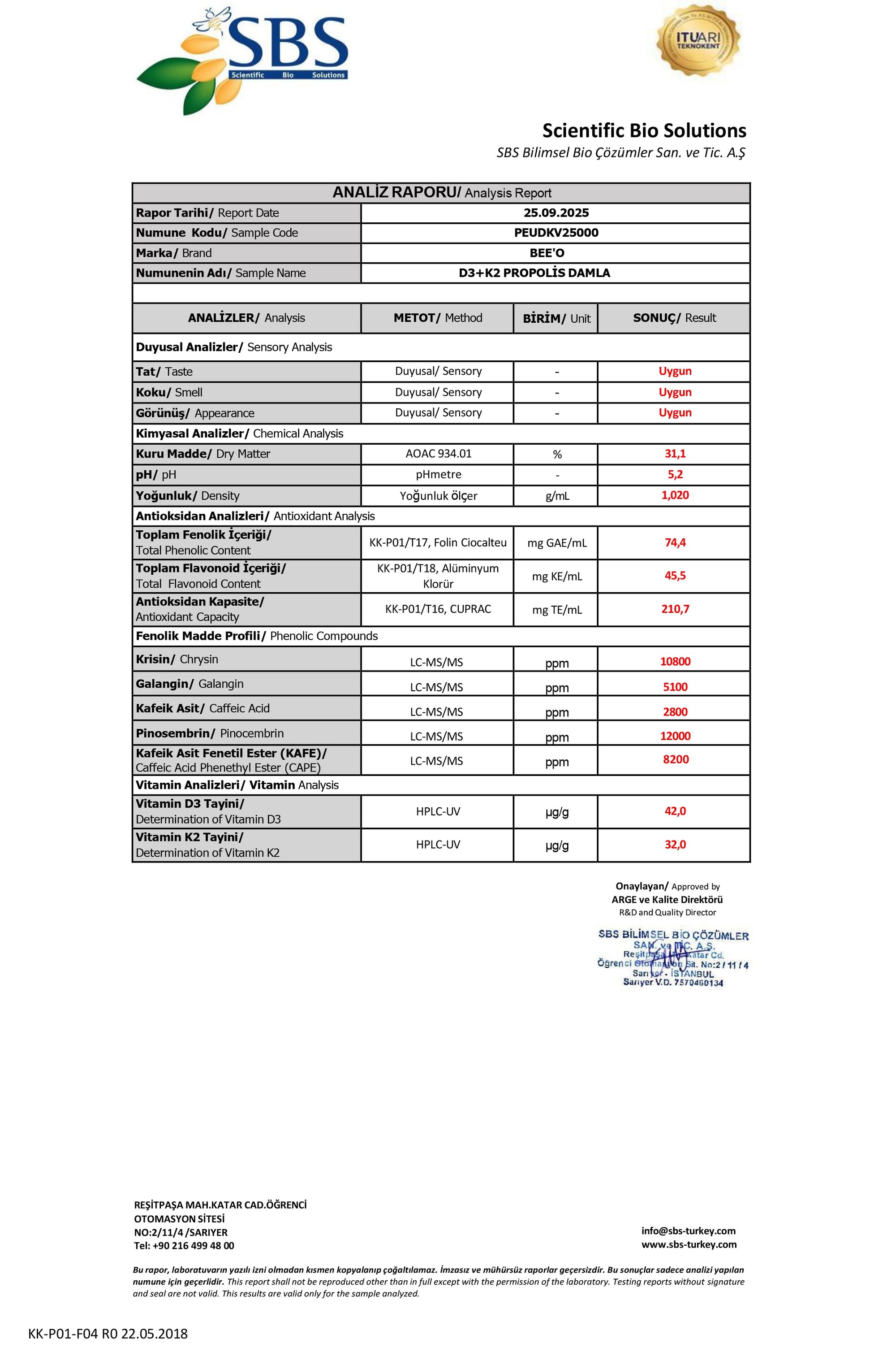 BEE'O D3+K2 Vitaminli Propolis Damla Analiz Raporu