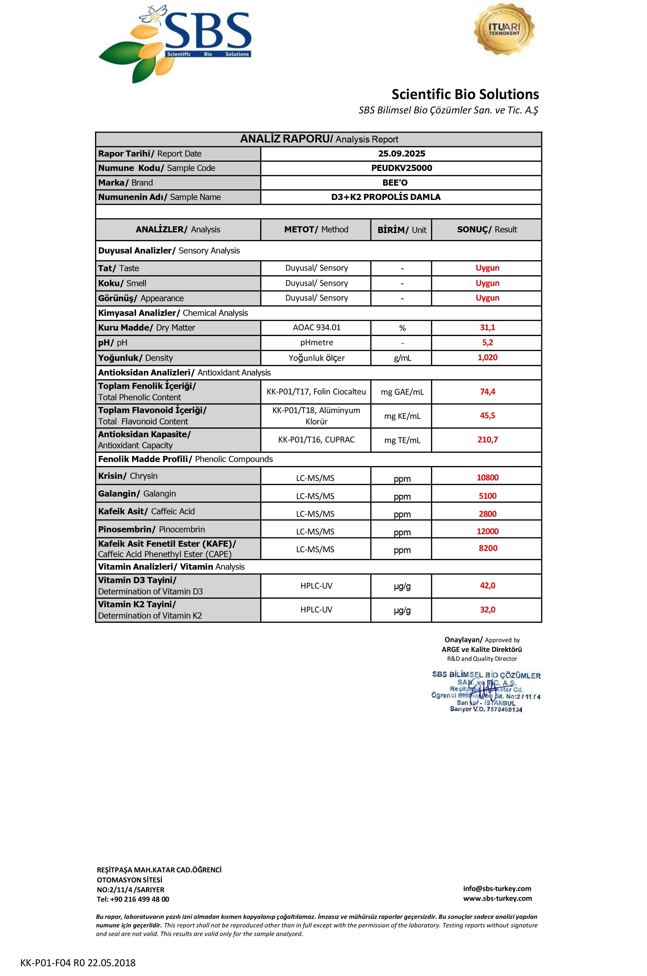 BEE'O D3+K2 Vitaminli Propolis Damla Analiz Raporu
