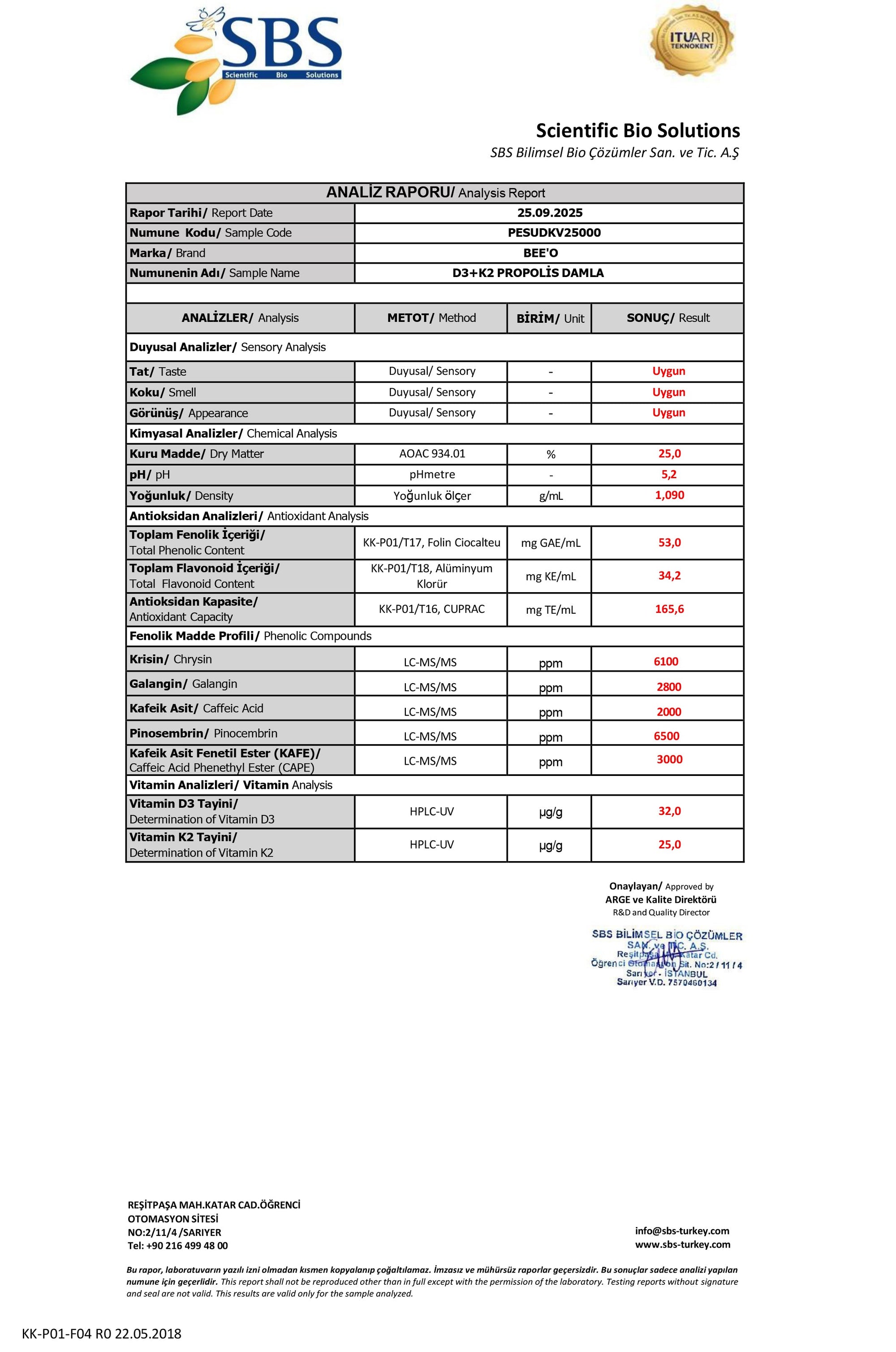 BEE'O D3+K2 Vitaminli Suda Çözünebilir Propolis Damla Analiz Raporu