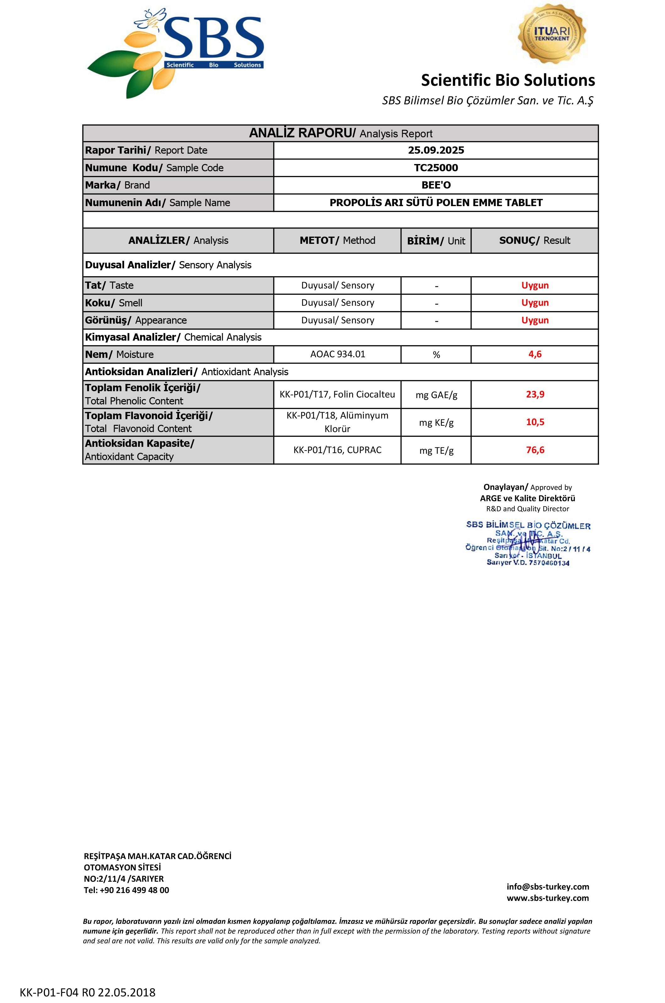 BEEO Propolis Arı Sütü Polen Doğal Tablet (Çocuk) Analizi
