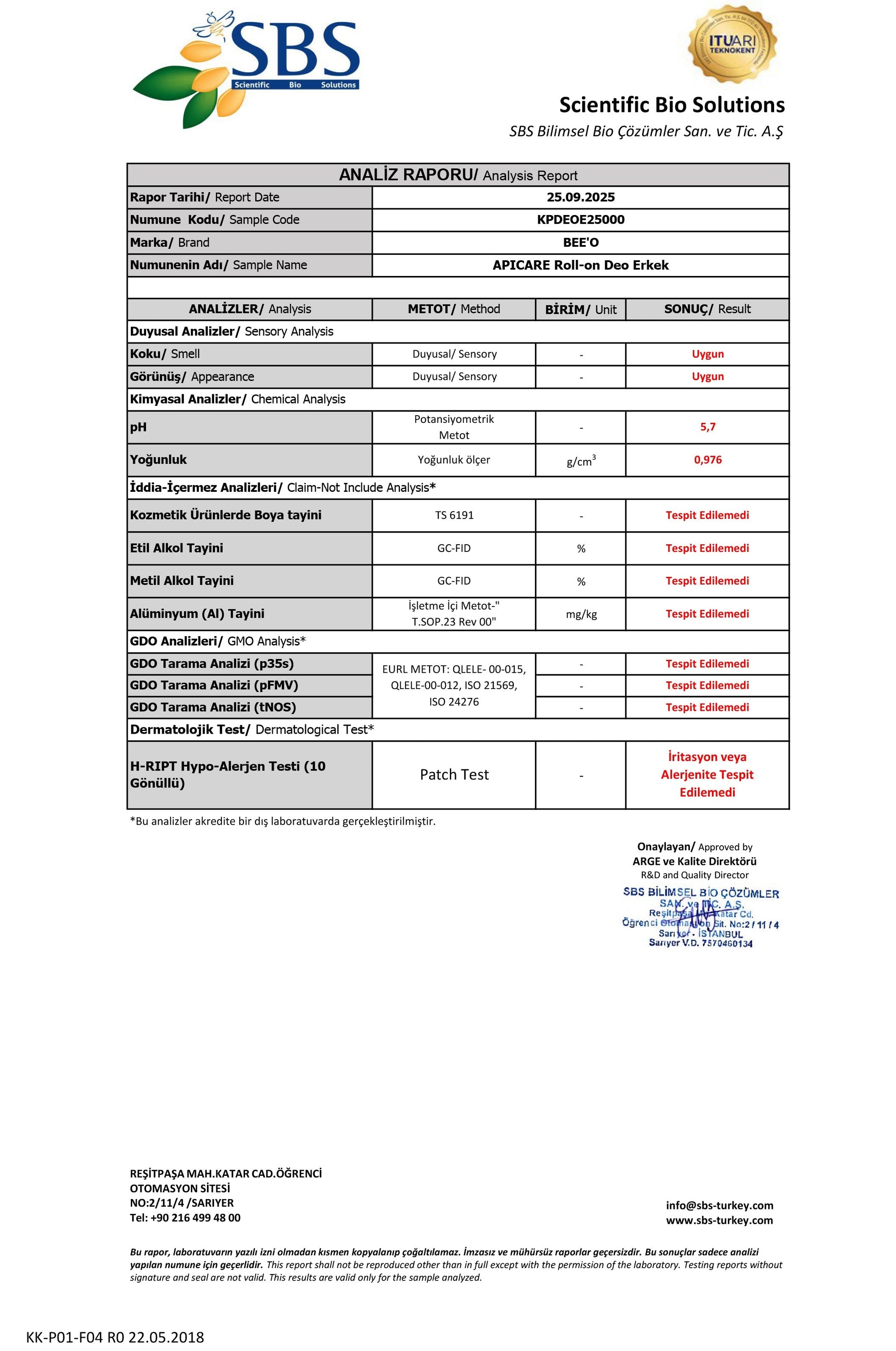 BEEO Propolisli Doğal Roll-on Erkek Analizi