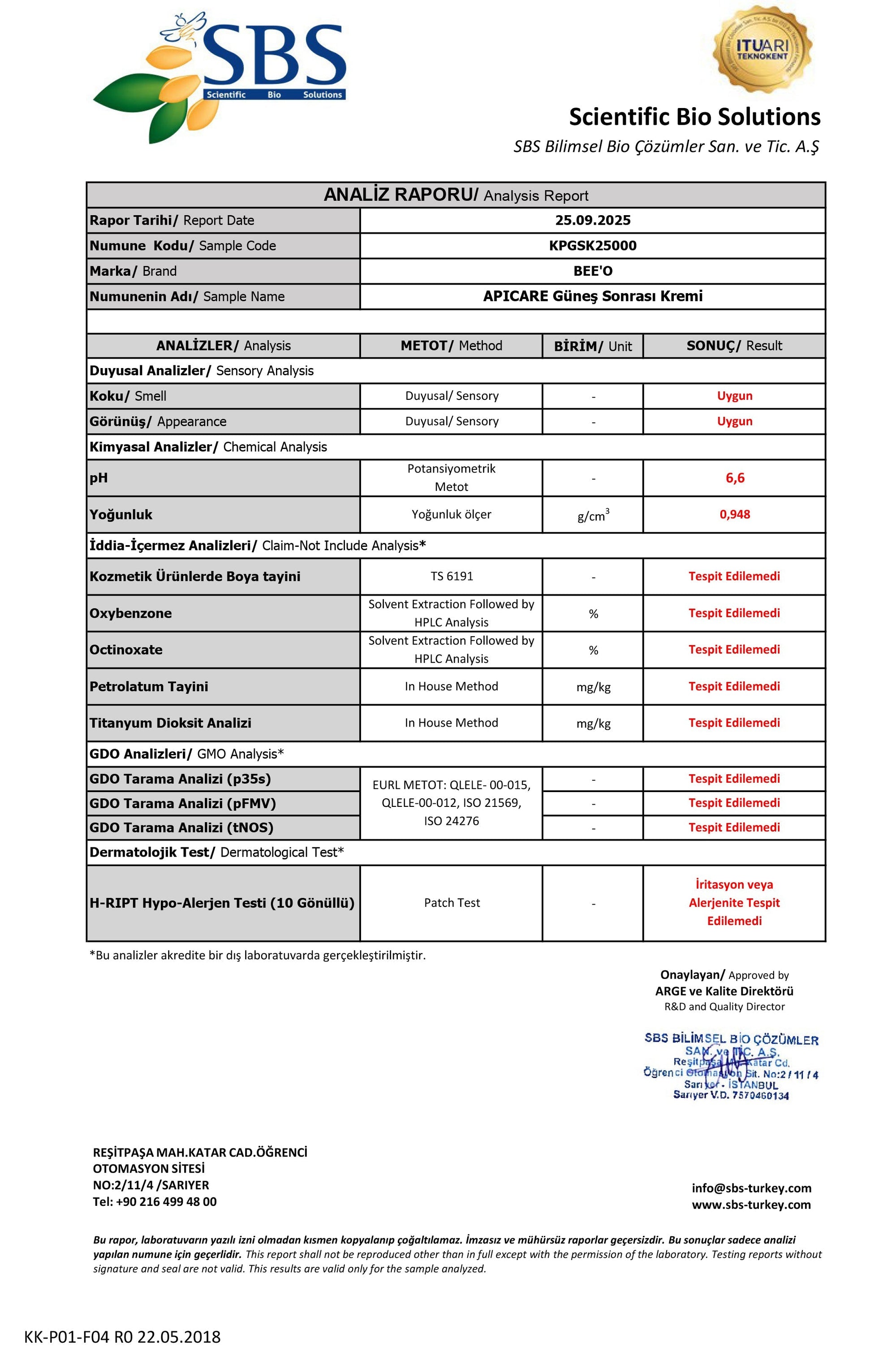 BEEO Propolisli Güneş Sonrası Kremi Analizi