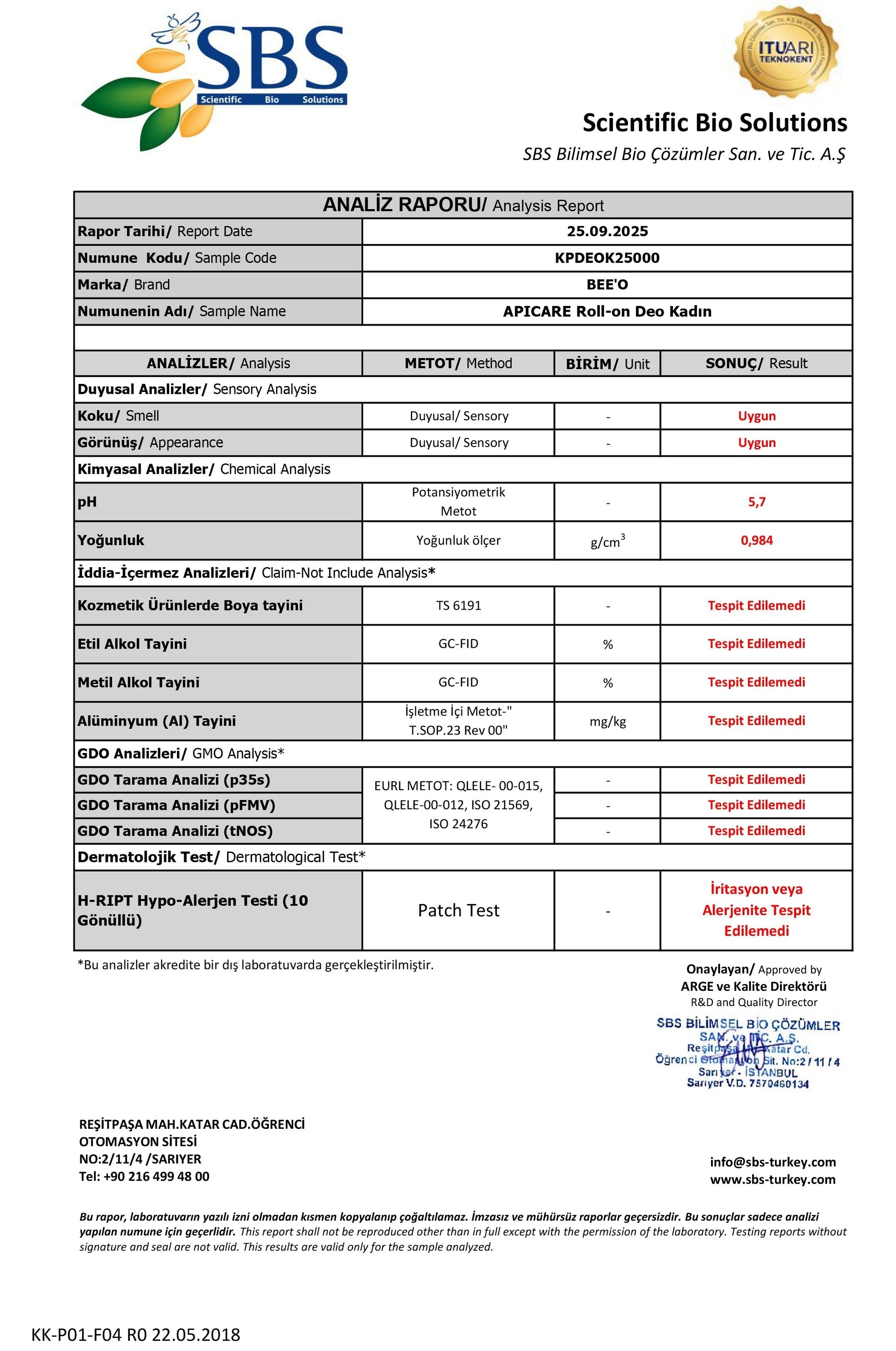 BEEO Propolisli Doğal Roll-on Kadın Analizi