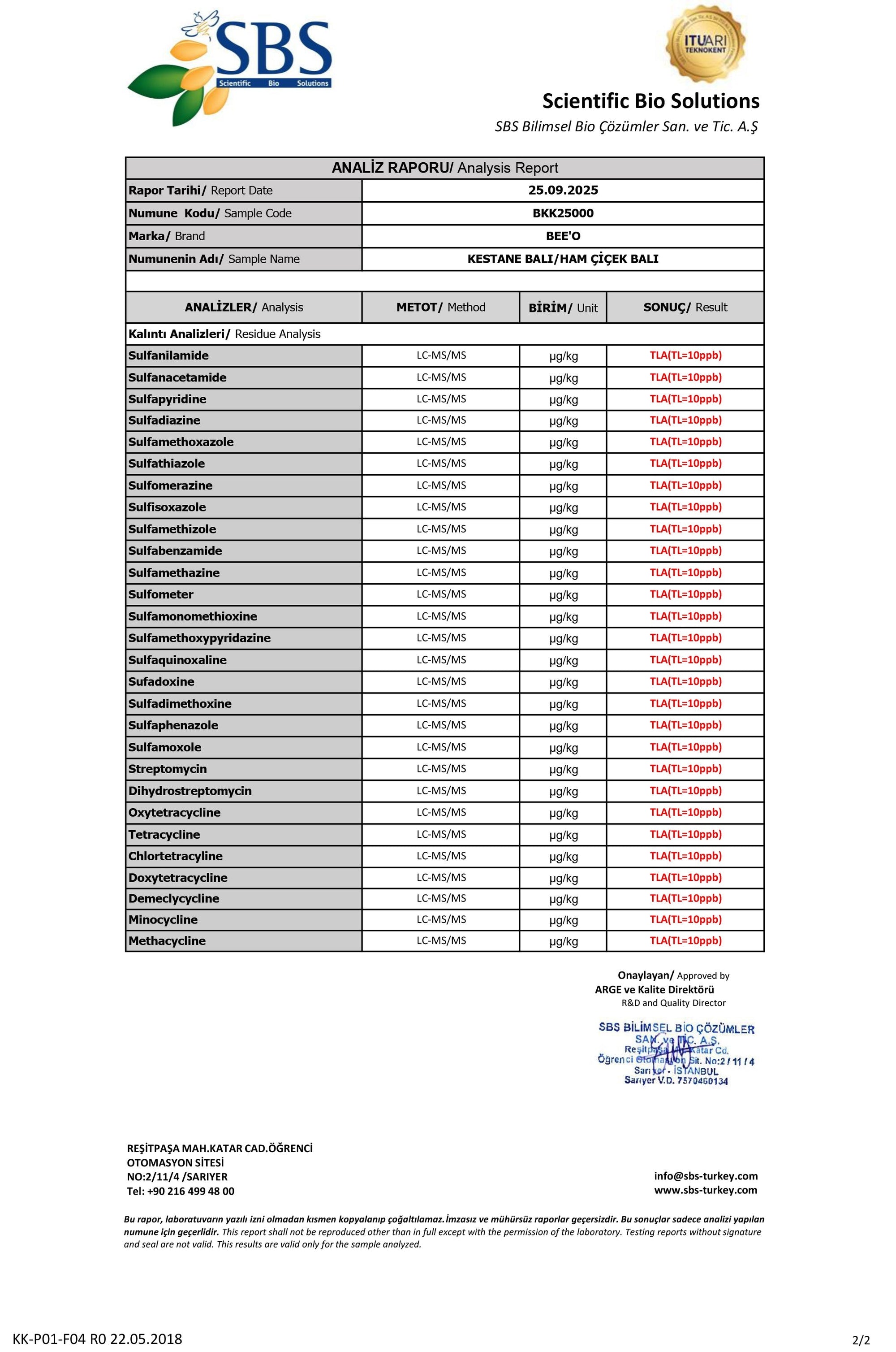 BEE'O Kestane Çiçek Balı (Ham Bal) Analiz Raporu - 2