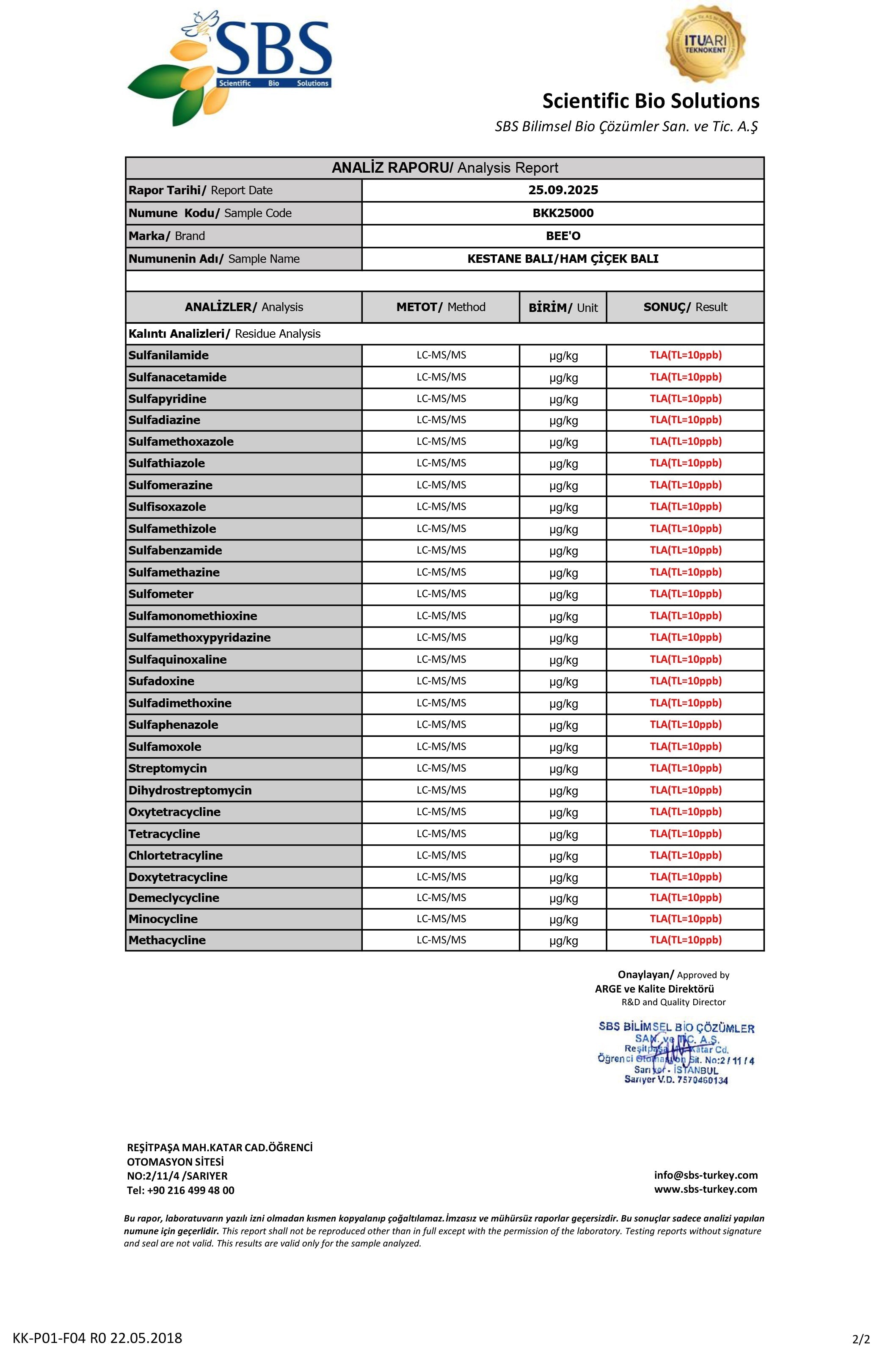 BEE'O Kestane Çiçek Balı (Ham Bal) Analiz Raporu - 2