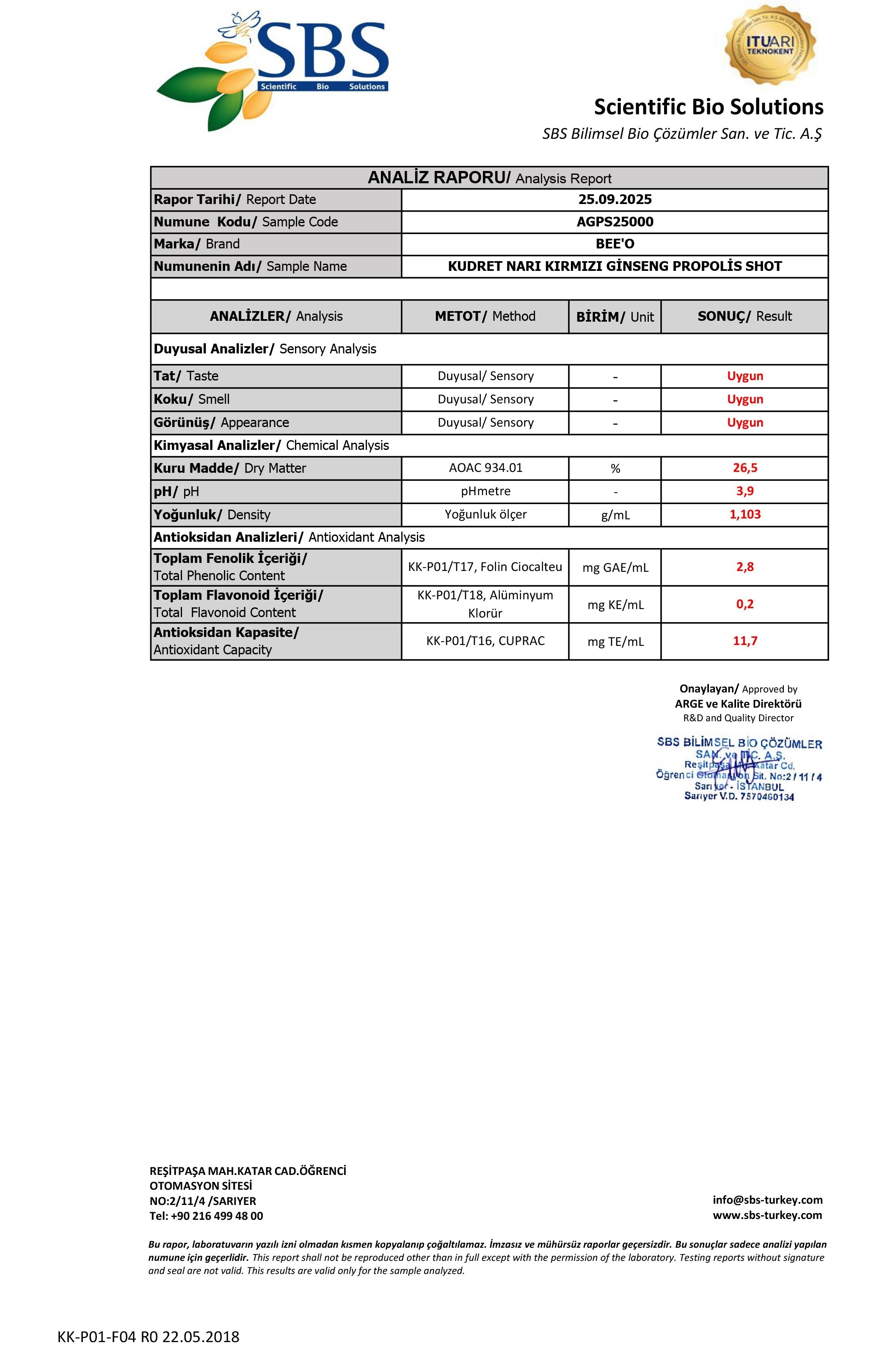 BEEO Kudret Narı Ginseng Propolis Shot 12`li Analizi