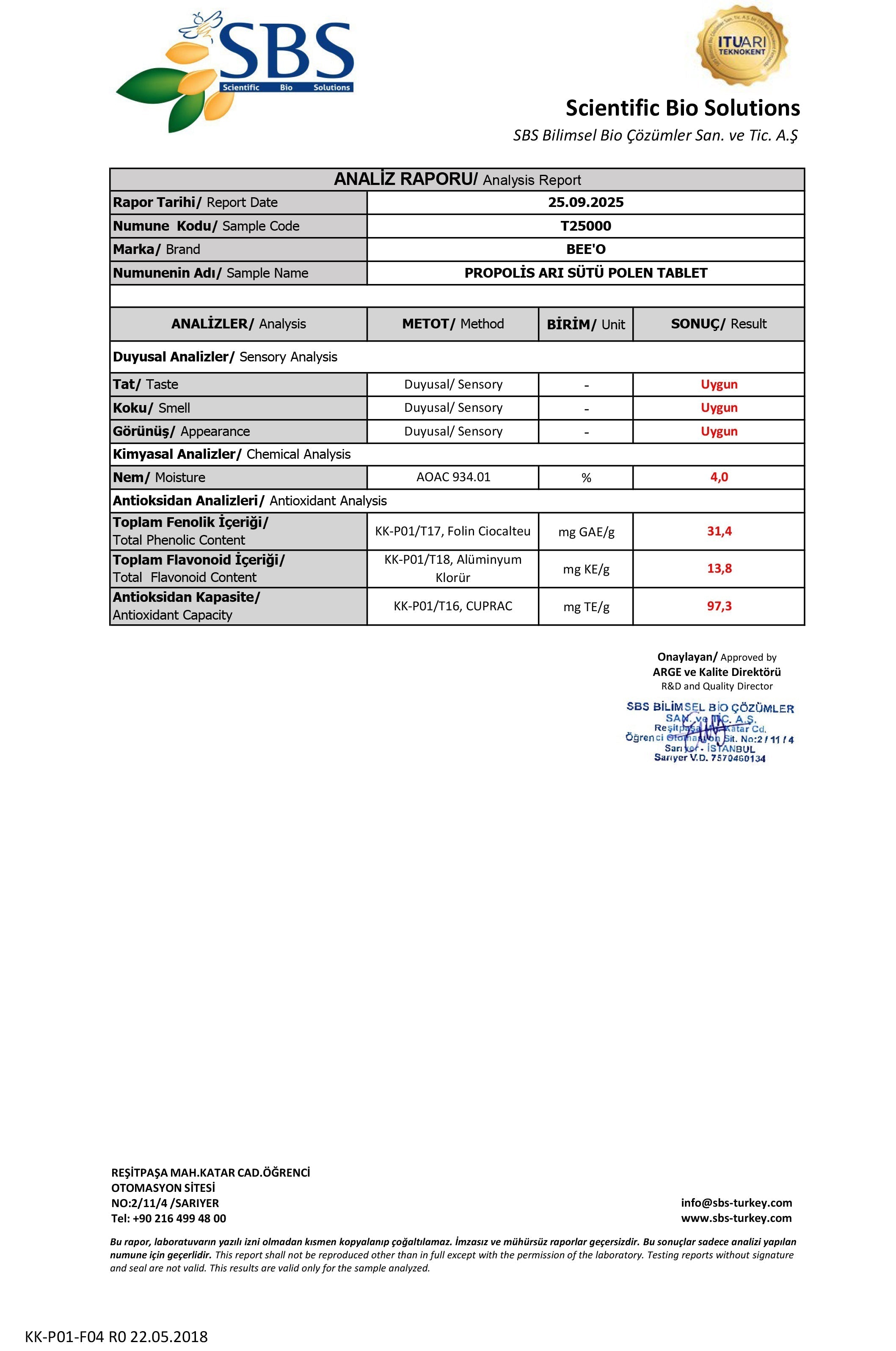 BEEO Propolis Arı Sütü Polen Tablet (Yetişkin) Analizi