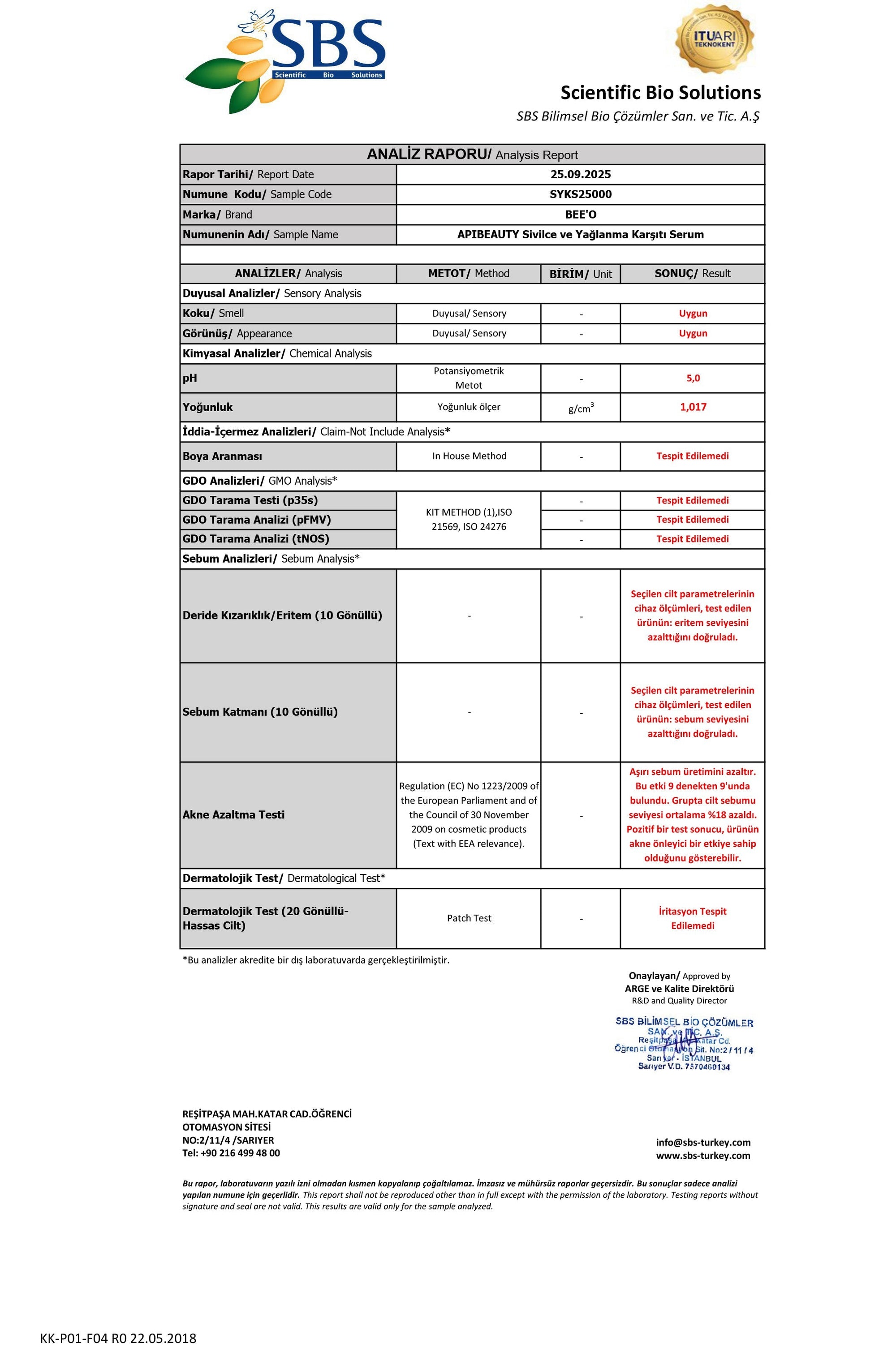 BEEO Sivilce ve Yağlanma Karşıtı Serum Analizi