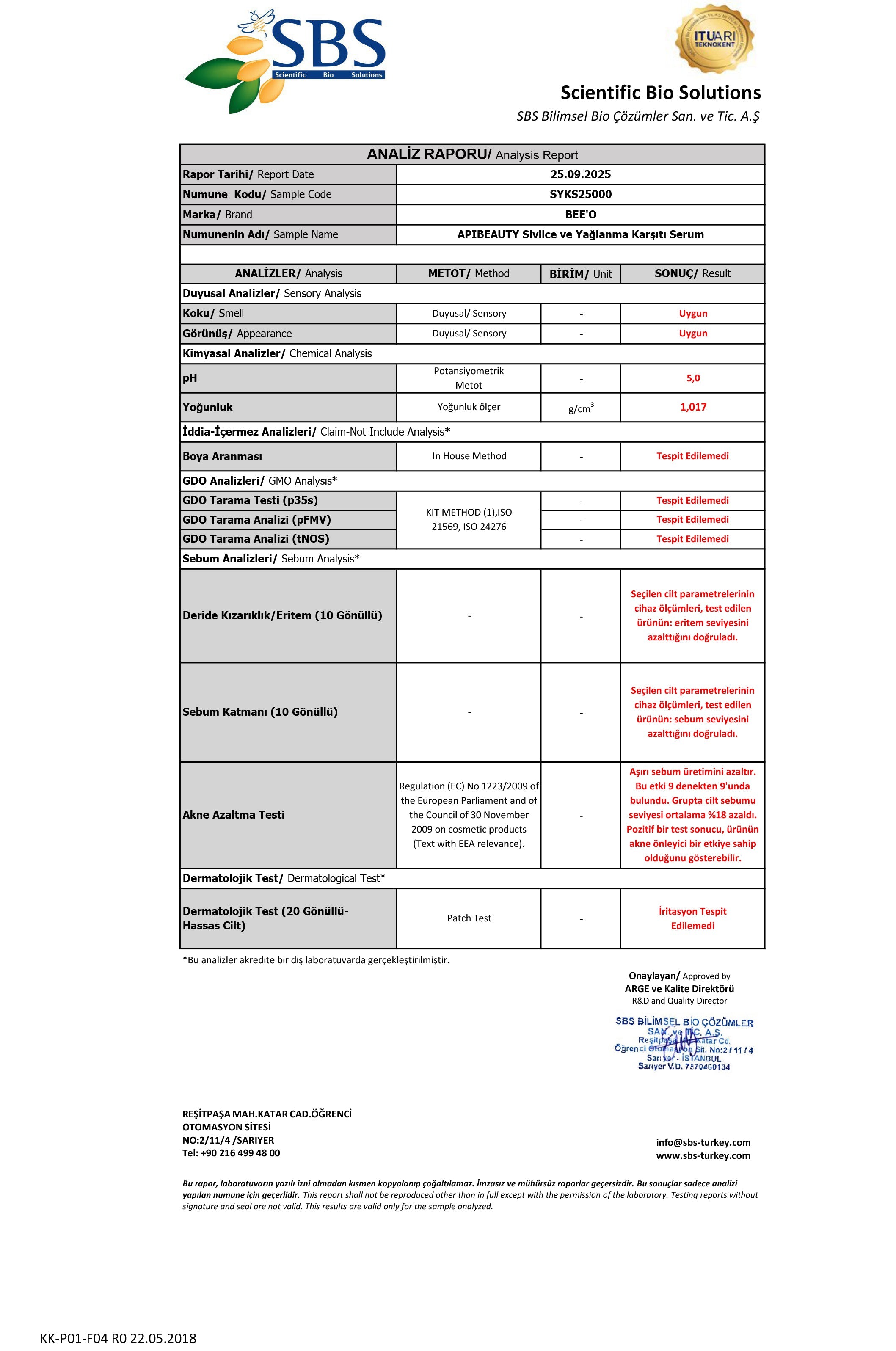 BEEO Sivilce ve Yağlanma Karşıtı Serum Analizi