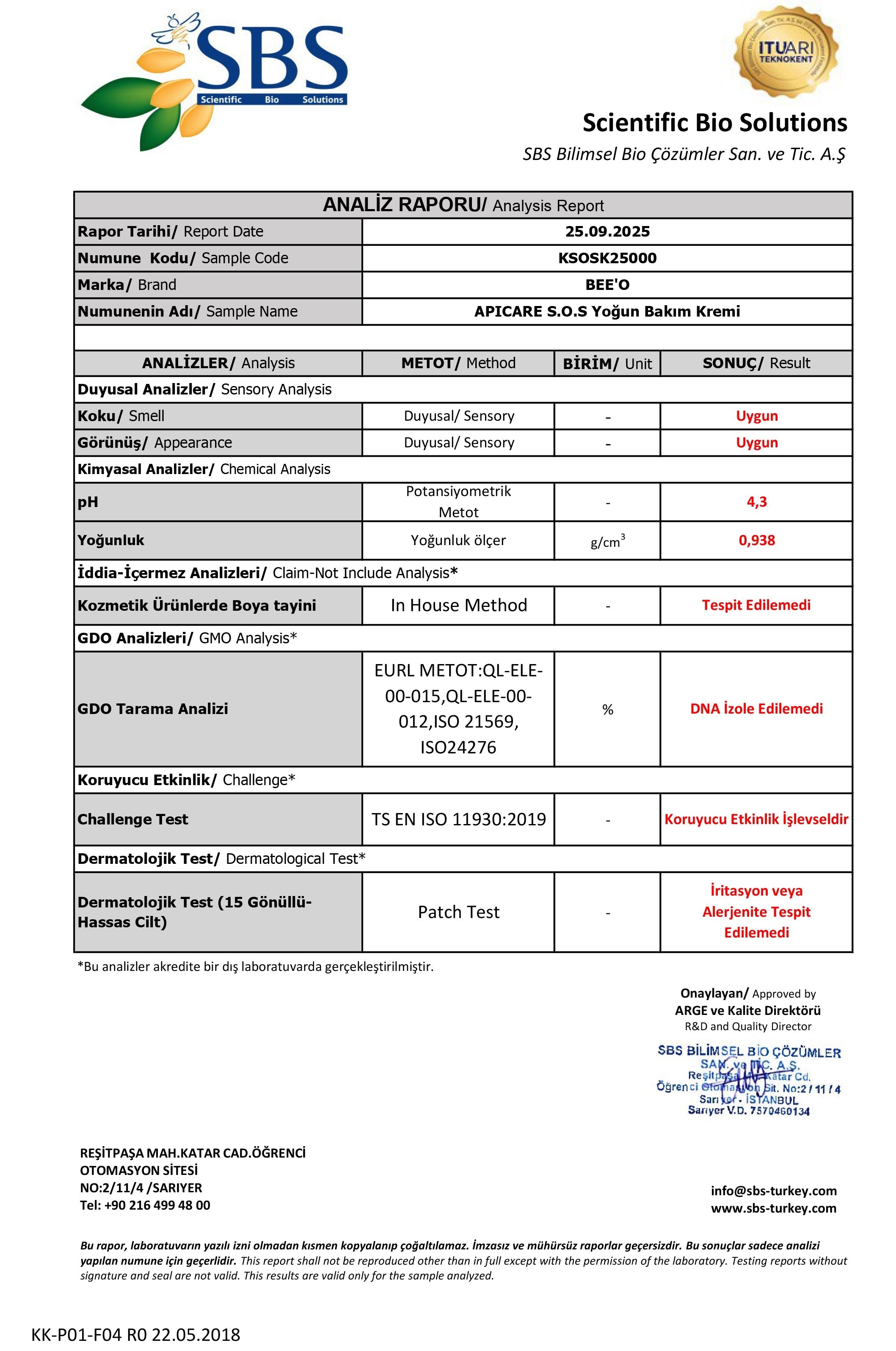 BEEO Yoğun Bakım Kremi (S.O.S ) Analizi