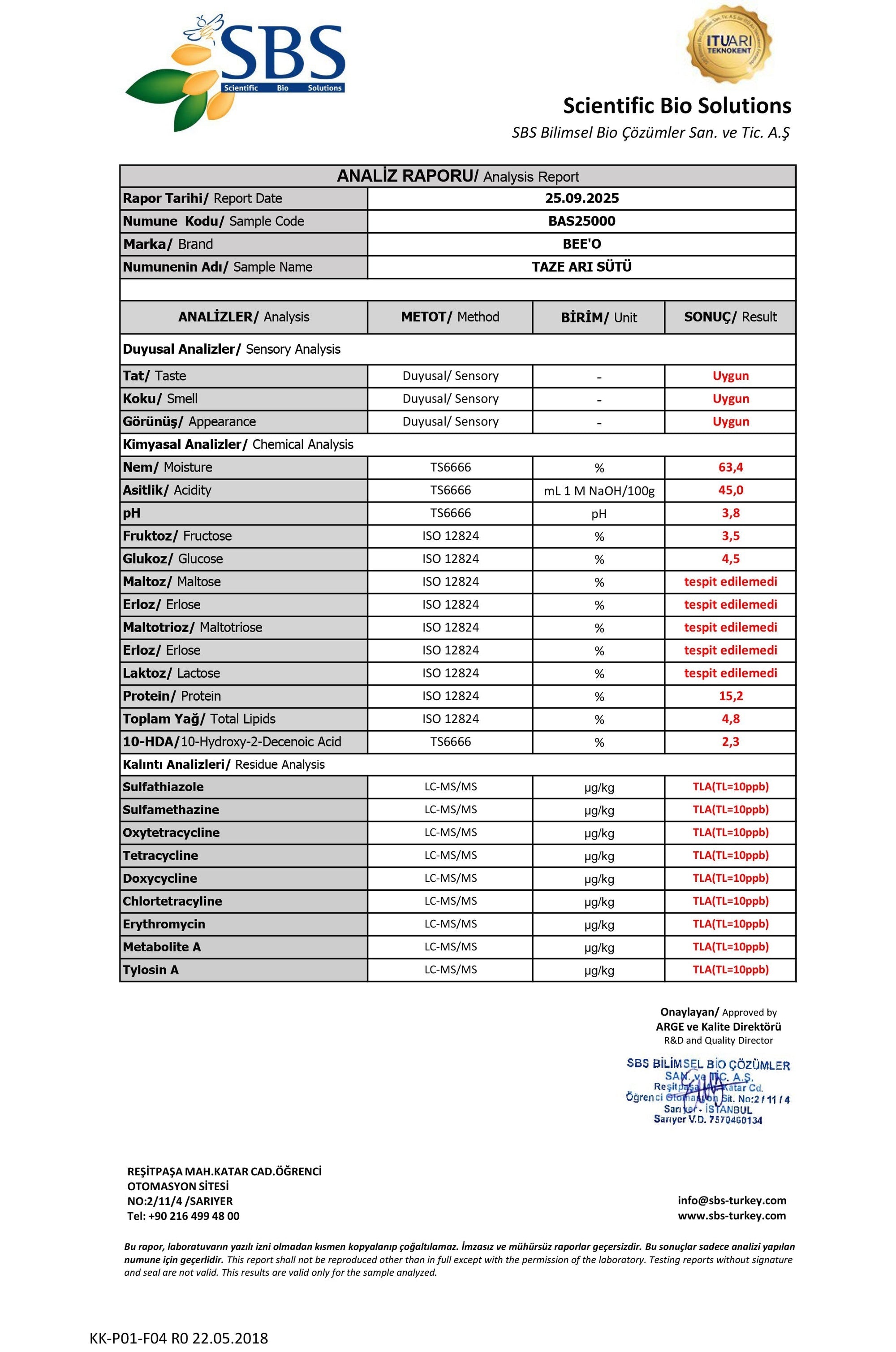 BEEO Taze Arı Sütü Analizi