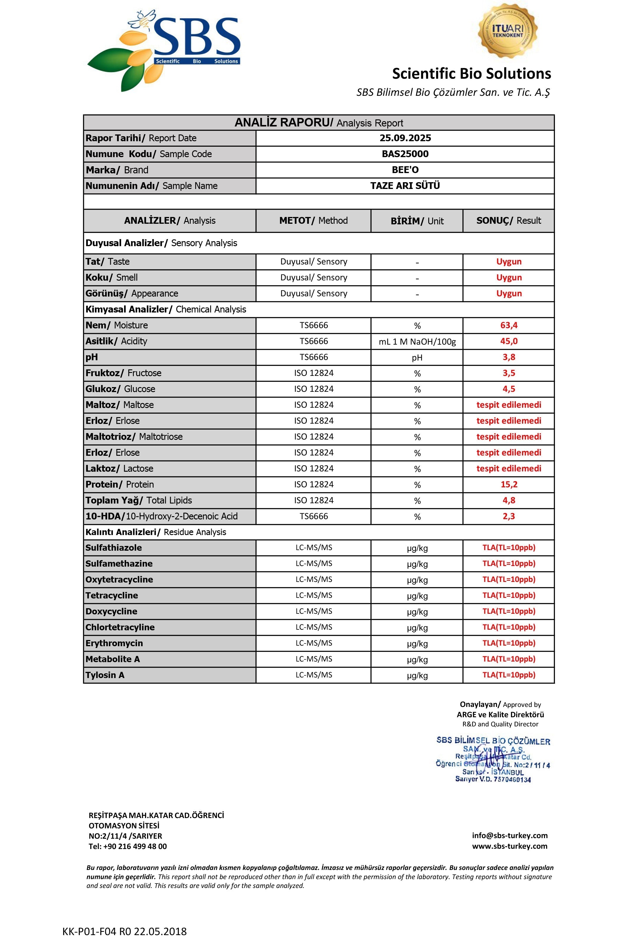 BEEO Taze Arı Sütü Analizi