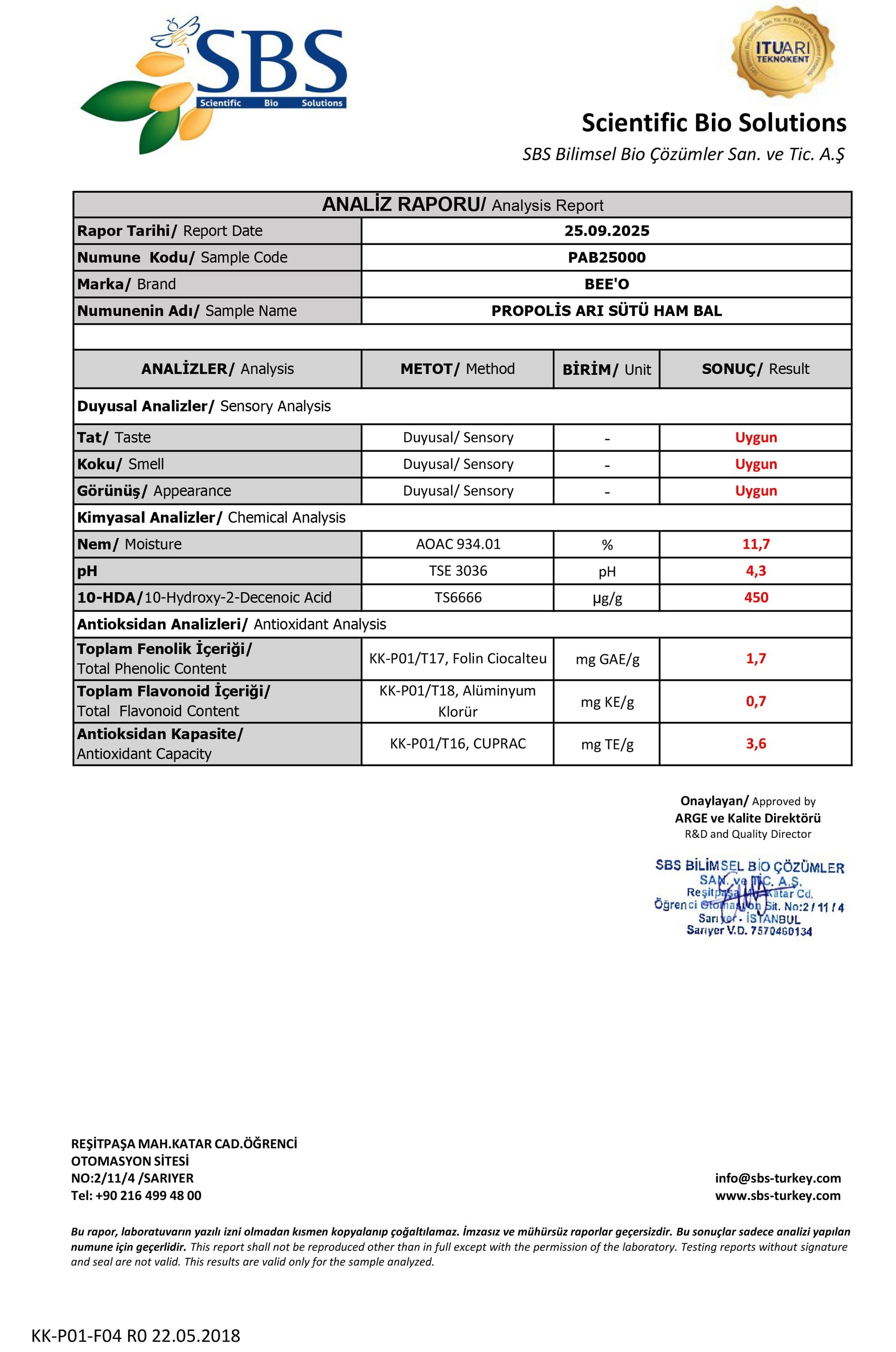 BEEO Arı Sütlü Ham Ballı Propolis Macunu (Yetişkin) Analizi