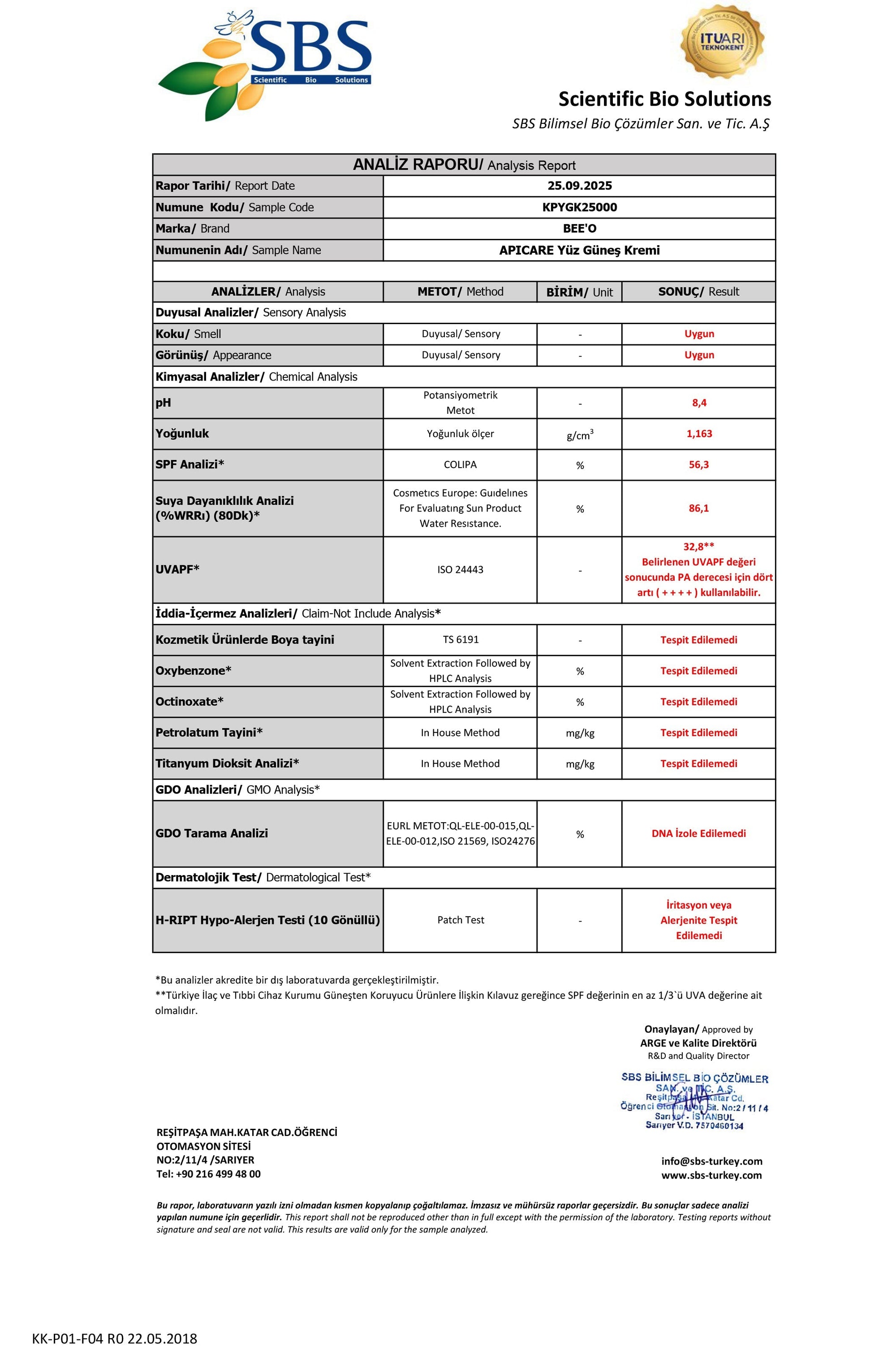 BEEO Propolisli Yüz Güneş Kremi Analizi