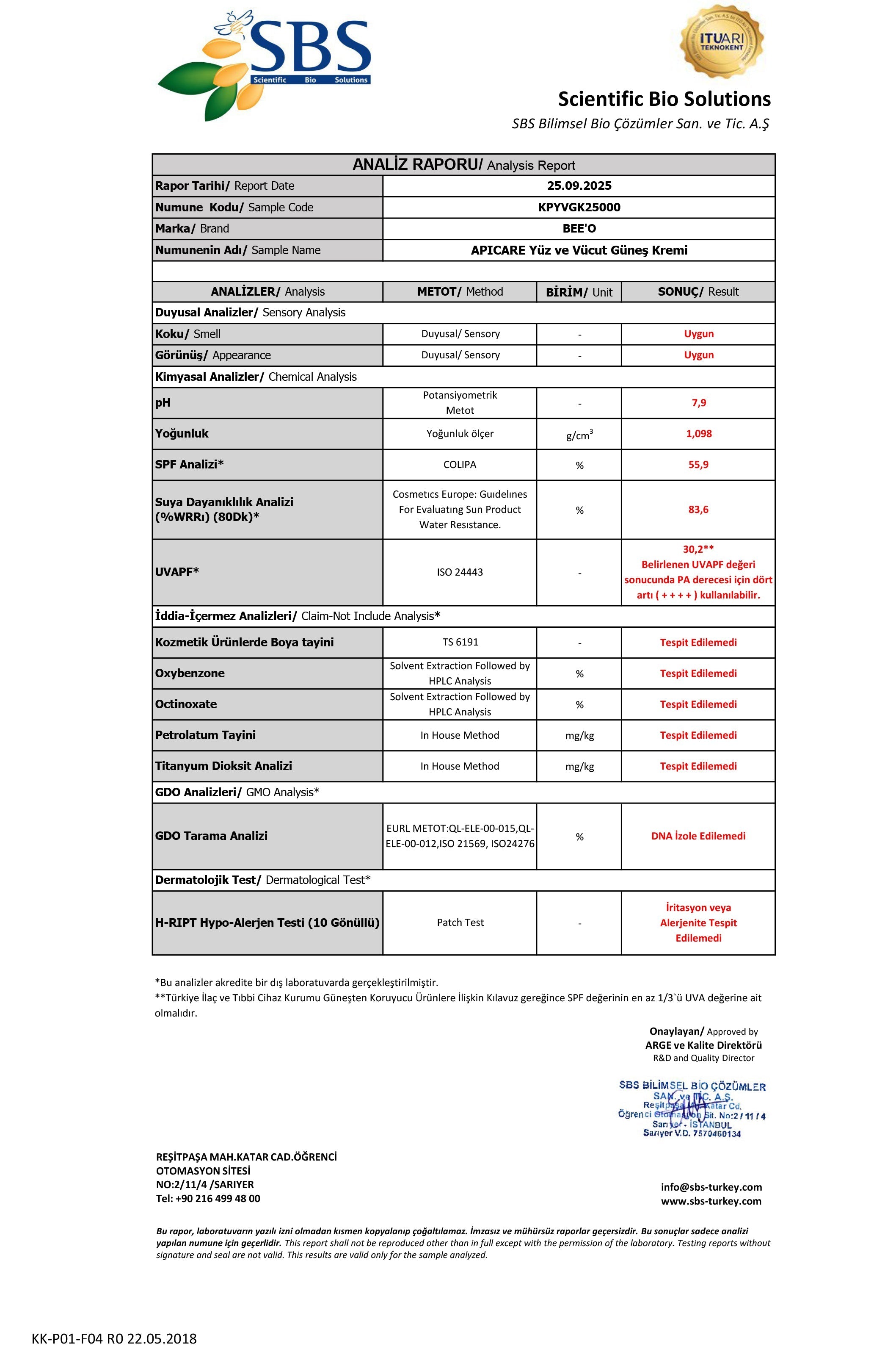 BEEO Propolisli Yüz ve Vücut Güneş Kremi Analizi