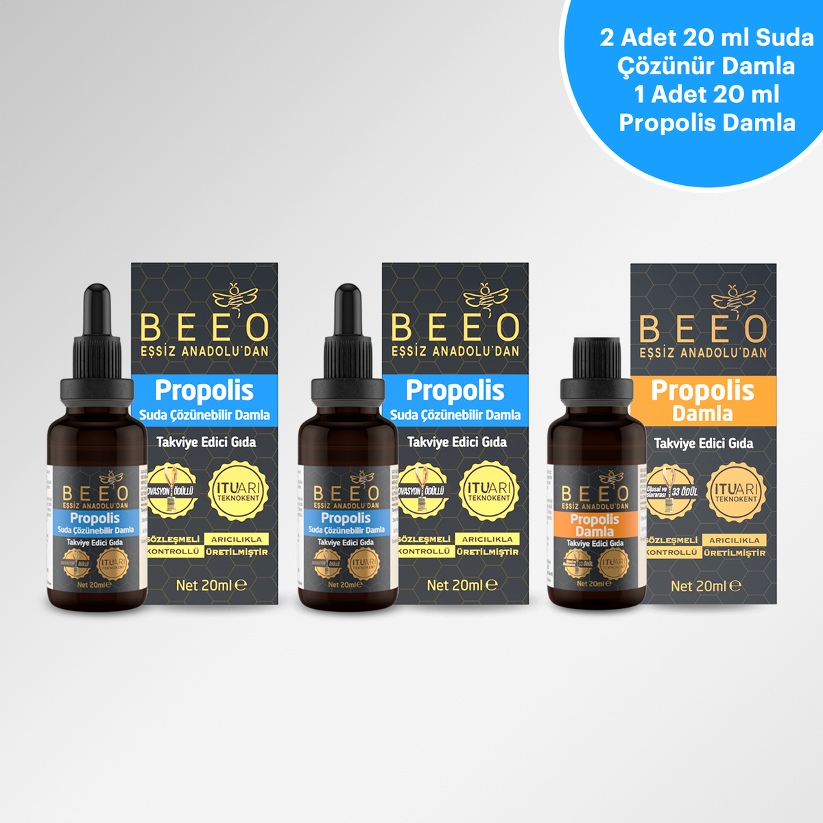 BEEO 2x20 ml Suda Çözünür Damla 1x20 ml Propolis Damla Paketi