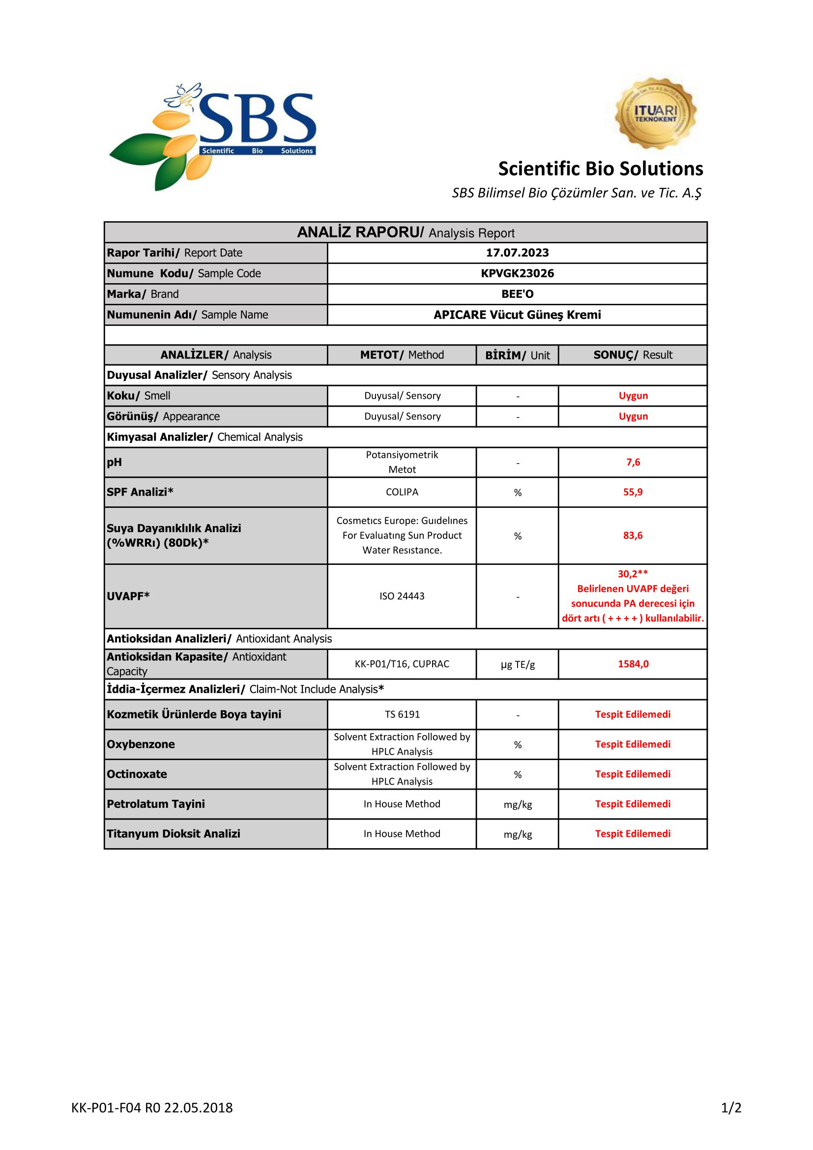 Vücut güneş kremi SPF analizi - 2