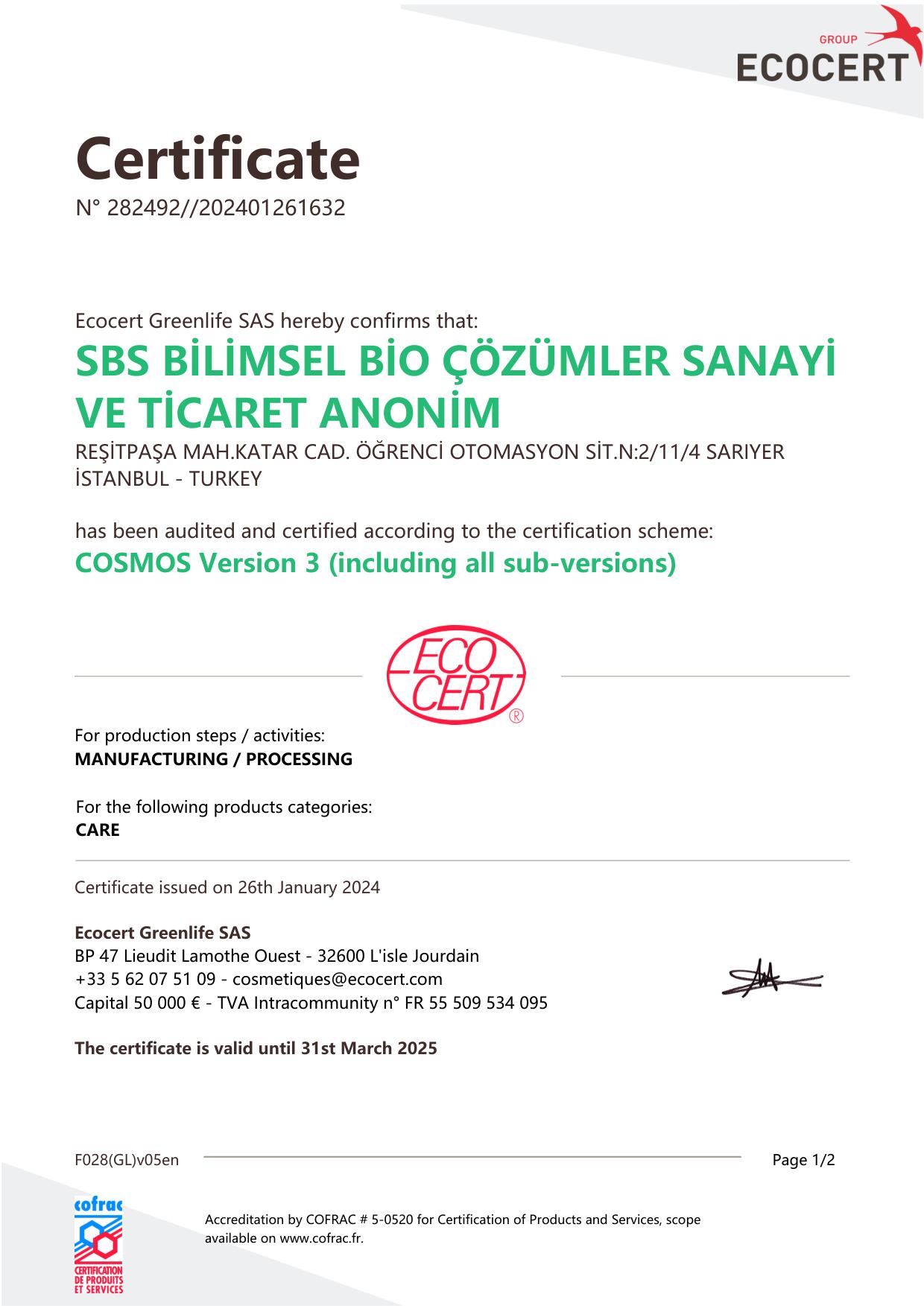 Ecocert Cosmos Organik Kozmetik Sertifikası 1