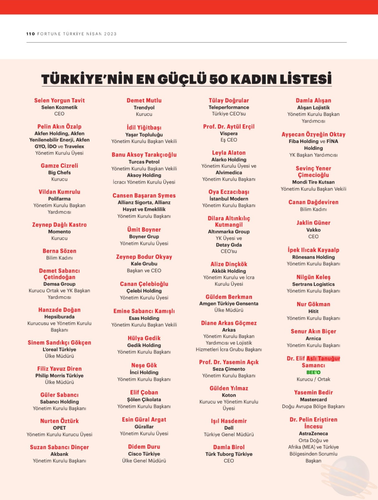 2023 - FORTUNE Turkey  - En Güçlü 50 Kadın Lider - Dr. Asli Samanci