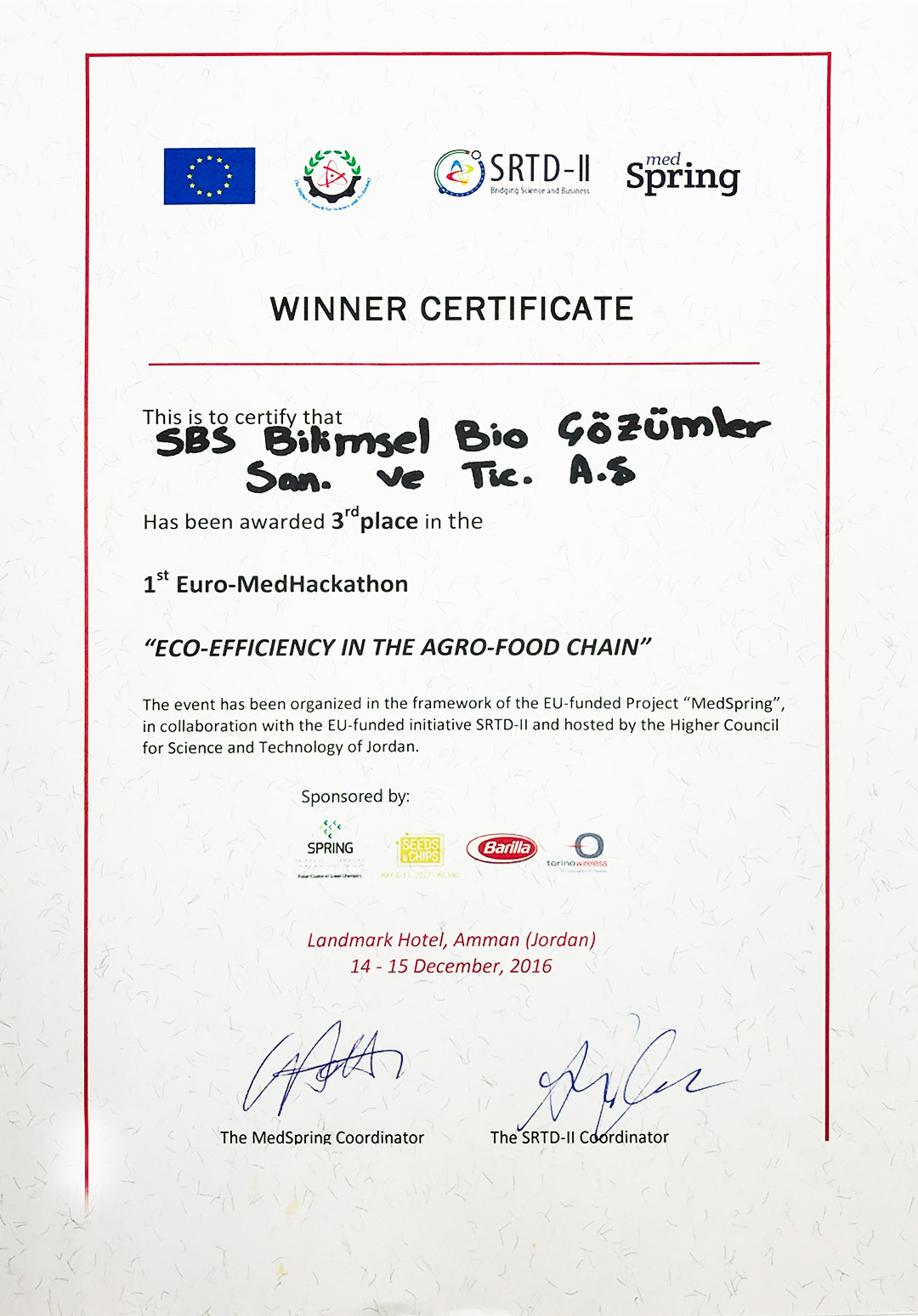 2016 - Eco-Efficiency in Agro Food Chain – European Union-Med Spring - İnovasyon - Firma